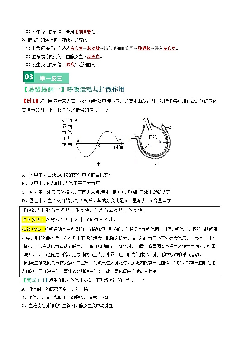 备战2024年中考生物考试易错题-易错点07 人的呼吸、循环和排泄-备战2024年中考生物考试易错题(全国通用)(原卷版)第3页