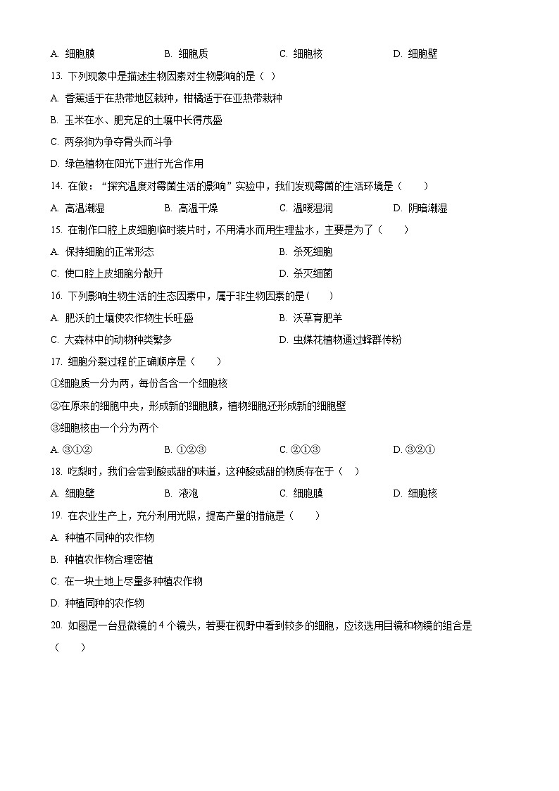 广东省清远市连山县2023-2024学年七年级上学期期中生物试题（原卷版+解析版）02