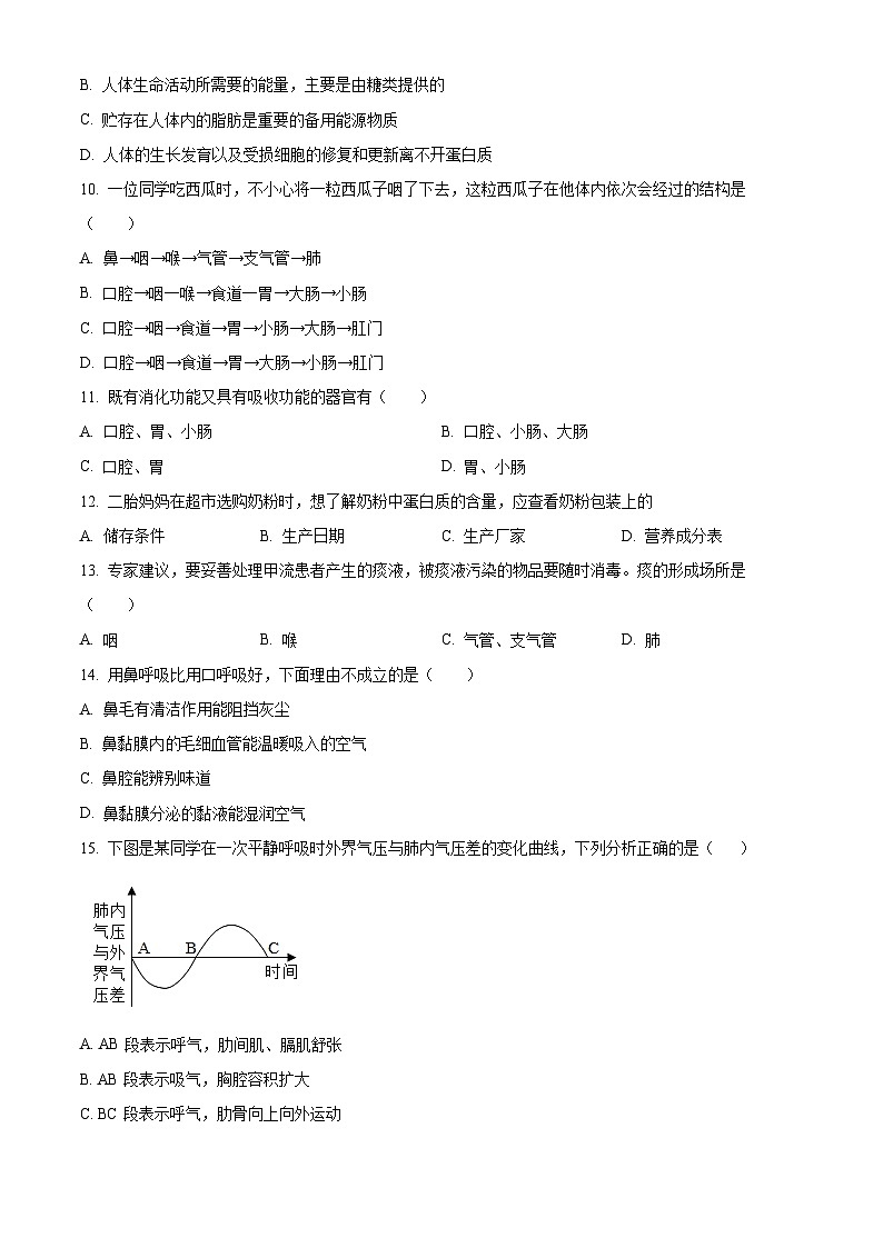 湖南省长沙市宁乡市西部乡镇2023-2024学年七年级下学期期中生物试题（原卷版+解析版）02