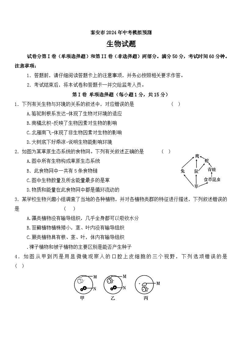2024年山东省泰安市八年级中考模拟预测生物试题第1页