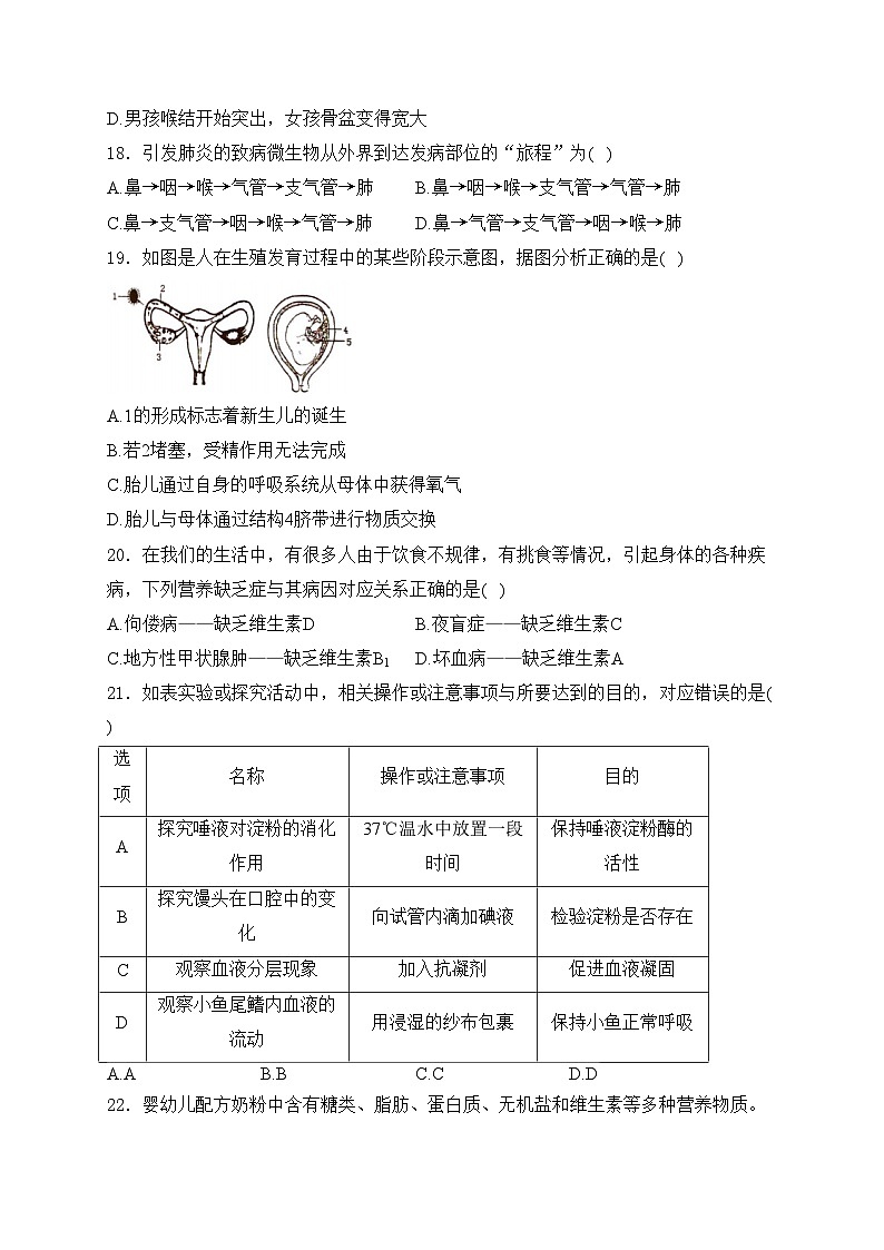 海南省省直辖县级行政单位2023-2024学年七年级下学期4月期中考试生物试卷(含答案)第3页