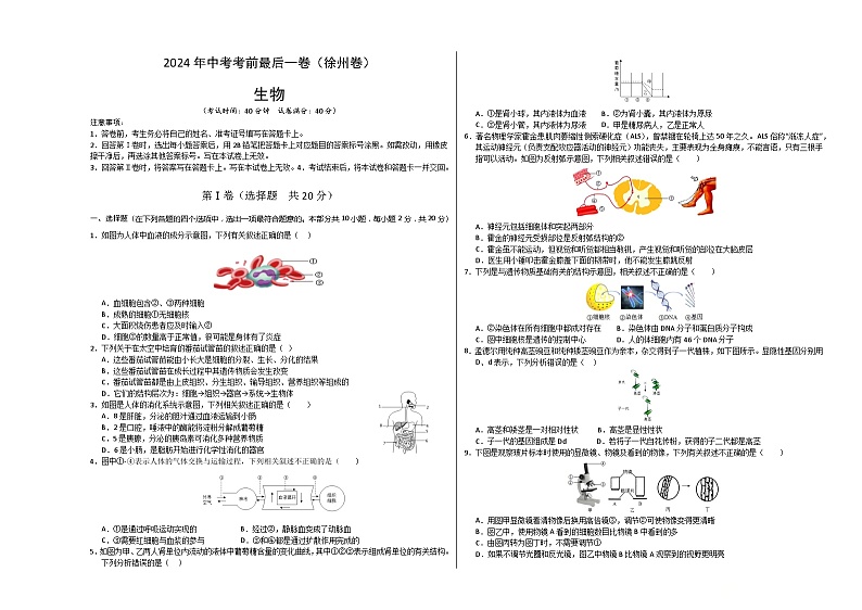 2024年中考考前最后一套押题卷：生物（徐州卷）（考试版A3）第1页