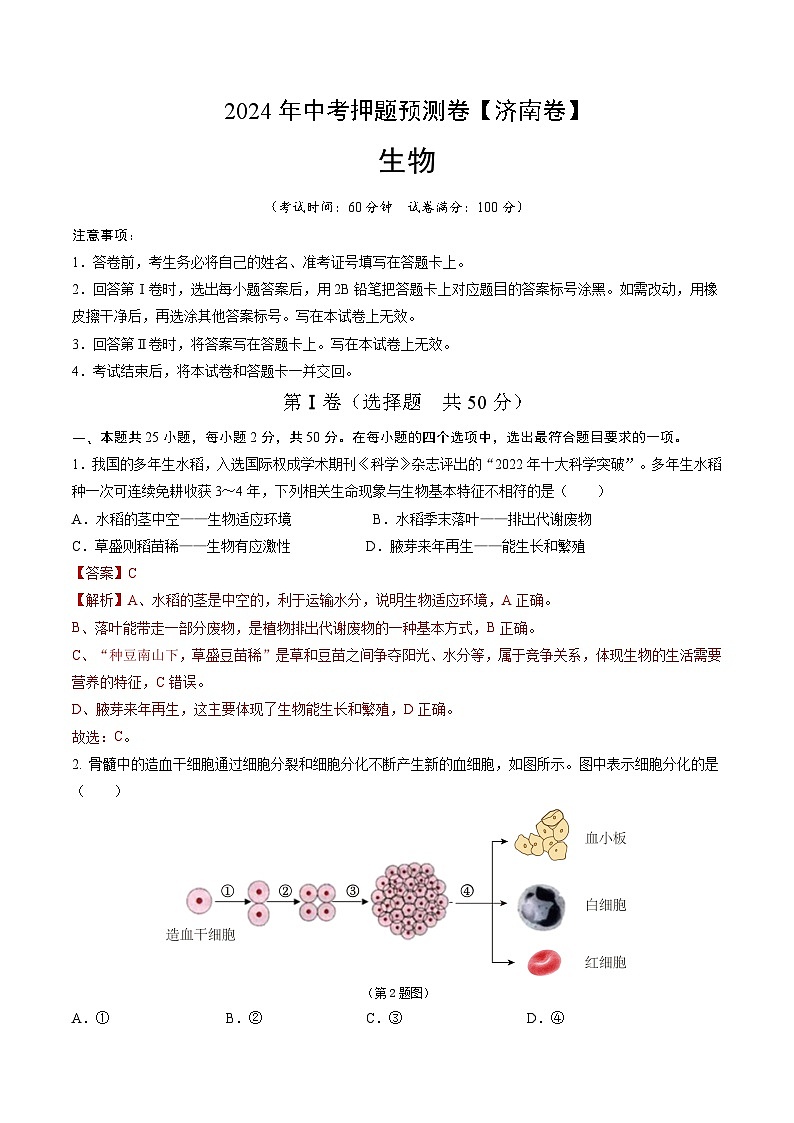 2024年中考押题预测卷（济南卷）生物（全解全析）第1页