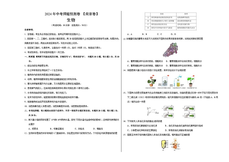 2024年中考押题预测卷（南京卷）生物（考试版）A3第1页