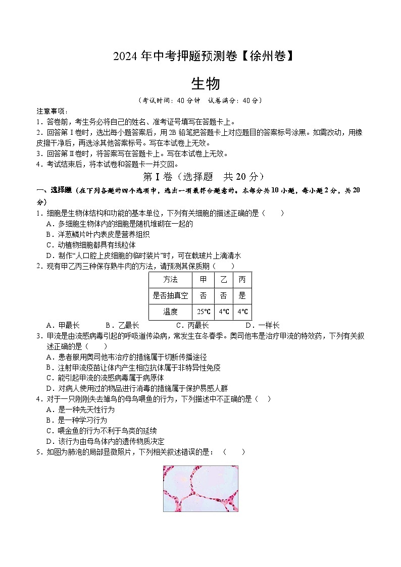 2024年中考押题预测卷（徐州卷）生物（考试版A4）01