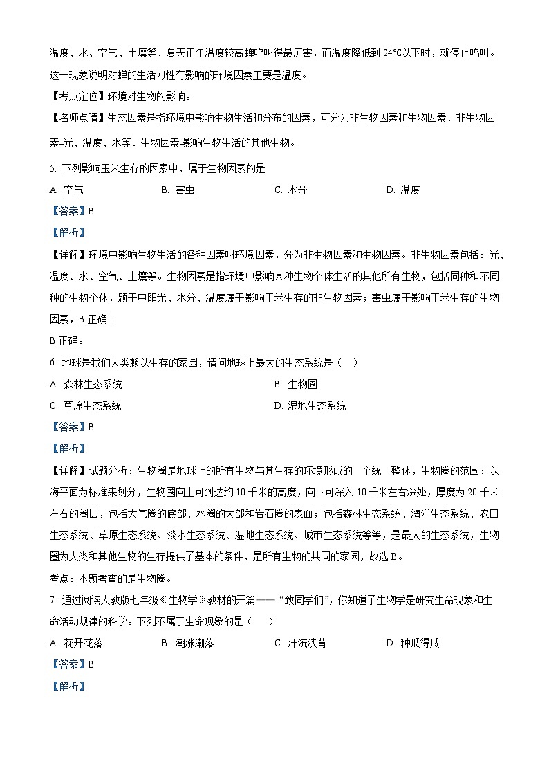 广东省揭阳市普宁市城东中学2023-2024学年七年级上学期期中生物试题（原卷版+解析版）03