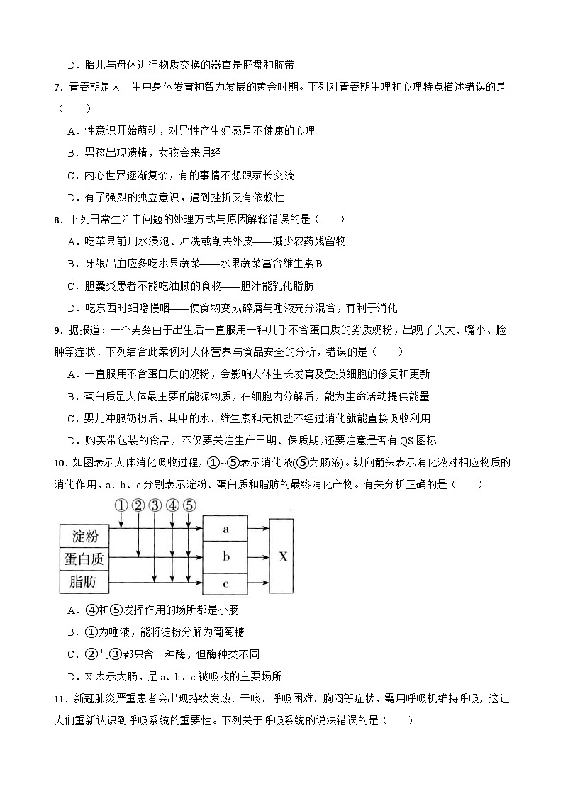 湖北省咸宁市咸安区马桥中学2023-2024学年七年级下学期期中考试生物测试卷02
