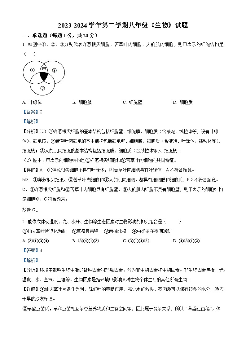 河南师范大学附属中学集团校2023-2024学年八年级下学期期中生物试题（原卷版+解析版）01
