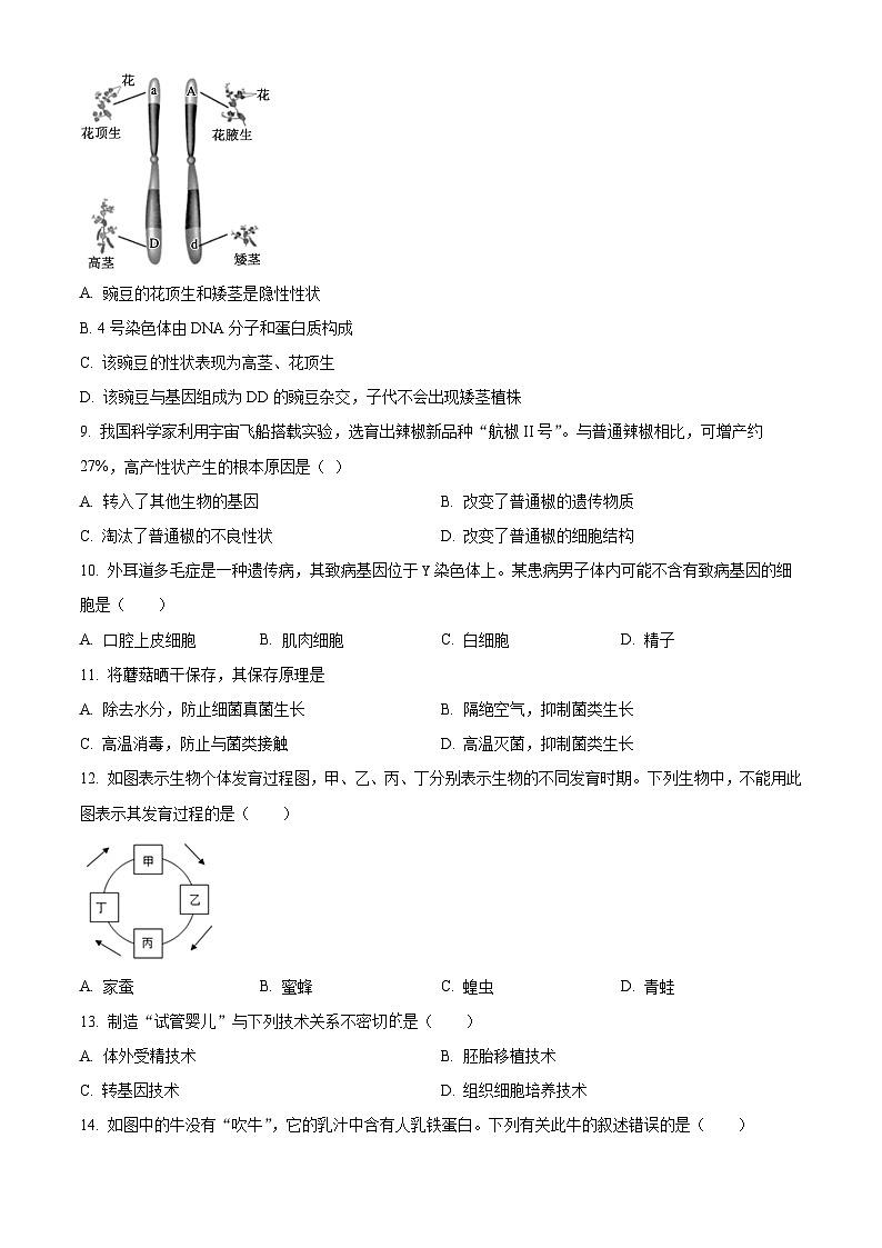 江苏省盐城市大丰区2023-2024学年八年级下学期期中生物试题（原卷版）第2页