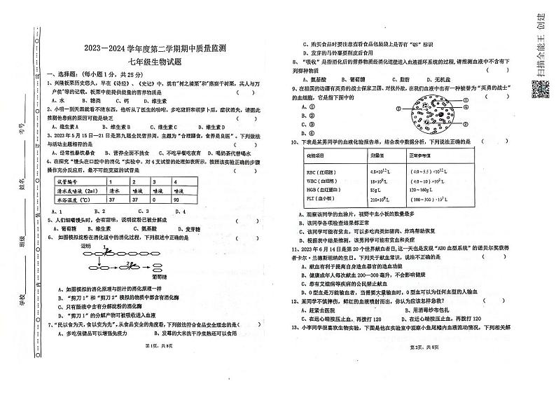 166，河北省承德市兴隆县2023-2024学年七年级下学期期中考试生物试题01