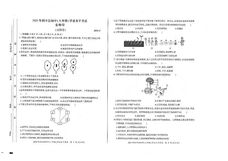 180，2024年安徽省亳州市利辛县八年级中考二模生物试题01