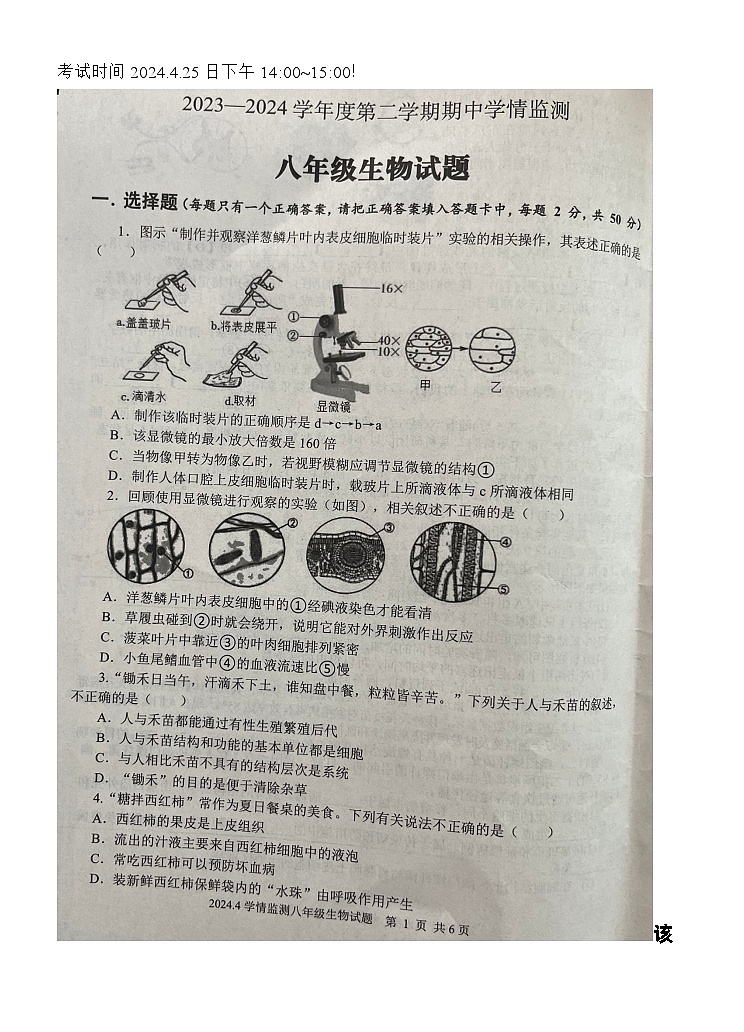 181，山东省济宁市金乡县2023-2024学年八年级下学期4月期中生物试题第1页