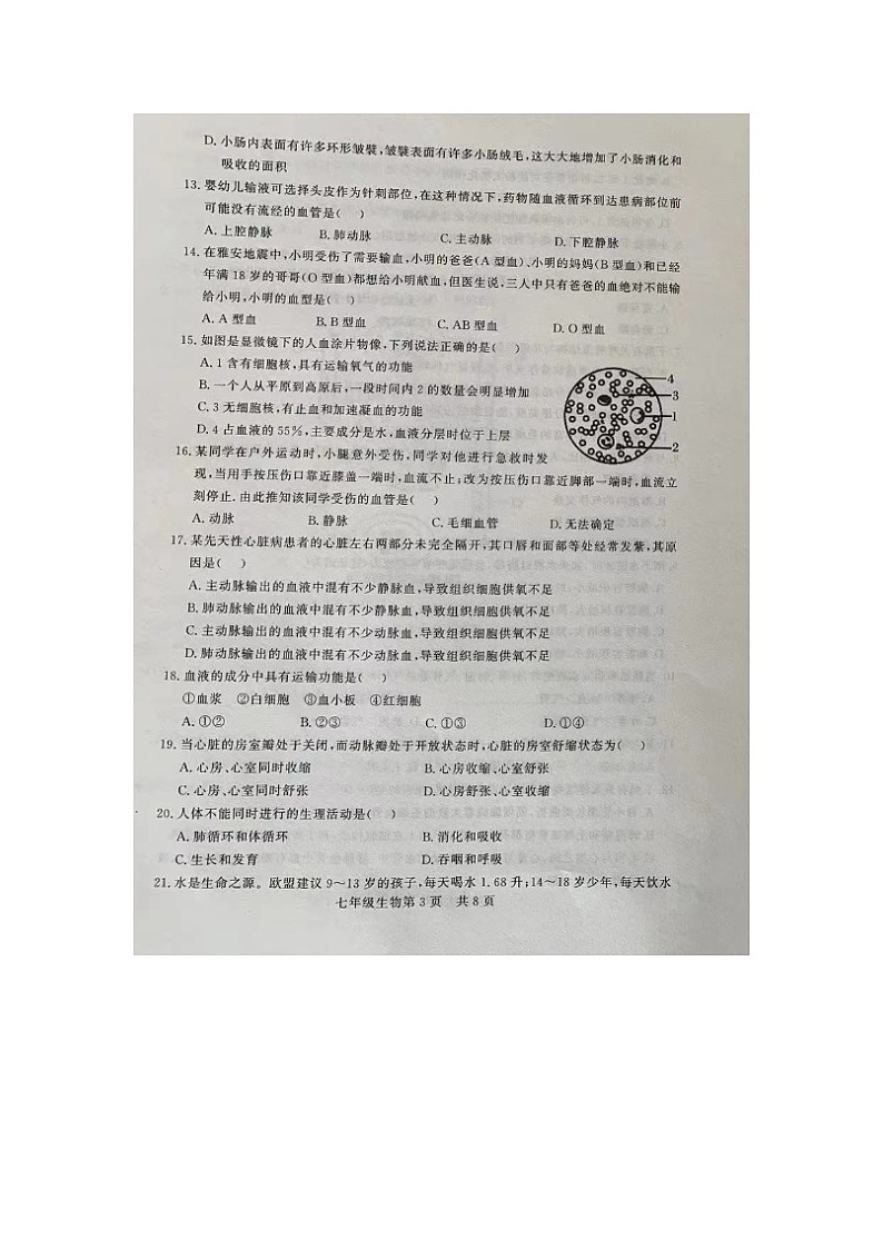 217，山东省德州市禹城市2023-2024学年七年级下学期期中考试生物试题第3页