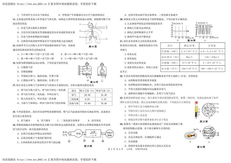 219，广东省东莞市东莞市厚街镇实验学校2023-2024学年七年级下学期4月月考生物试题02