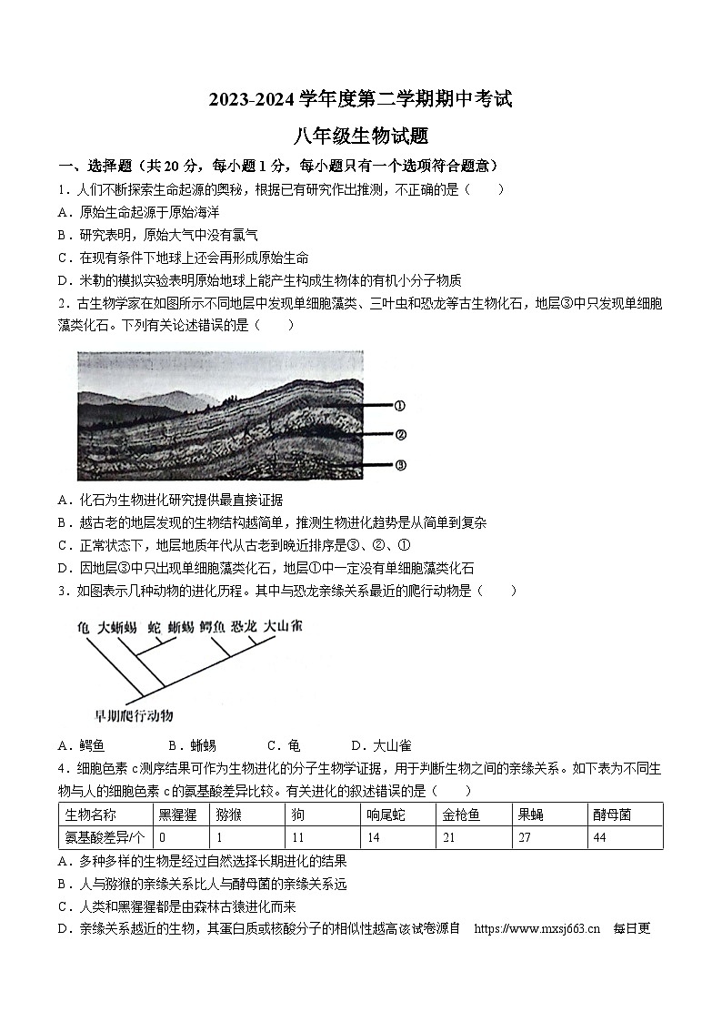 220，山东省菏泽市单县2023-2024学年八年级下学期4月期中生物试题(无答案)第1页