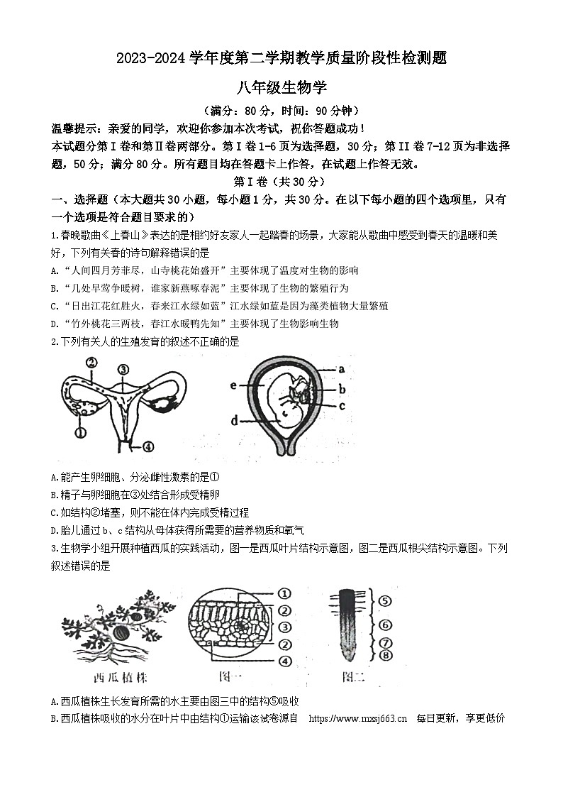 242，山东省青岛市胶州市2023-2024学年八年级下学期4月期中生物试题(无答案)第1页