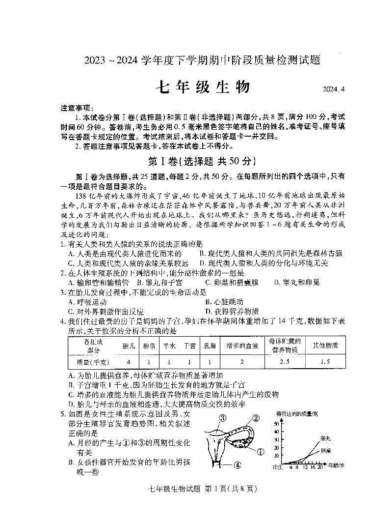 275，山东省临沂市兰山区2023-2024学年七年级下学期4月期中考试生物试题第1页
