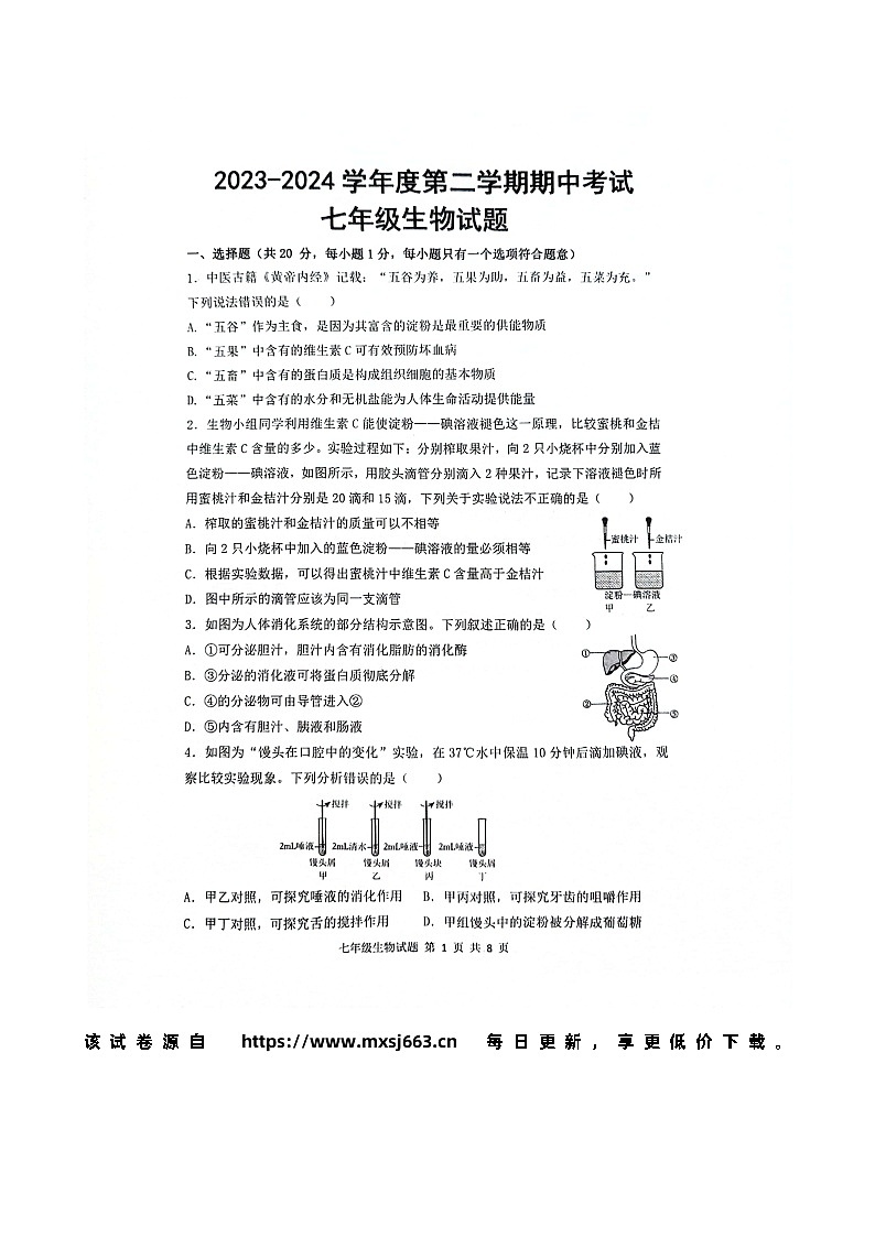 252，山东省菏泽市单县2023-2024学年七年级下学期4月期中生物试题01