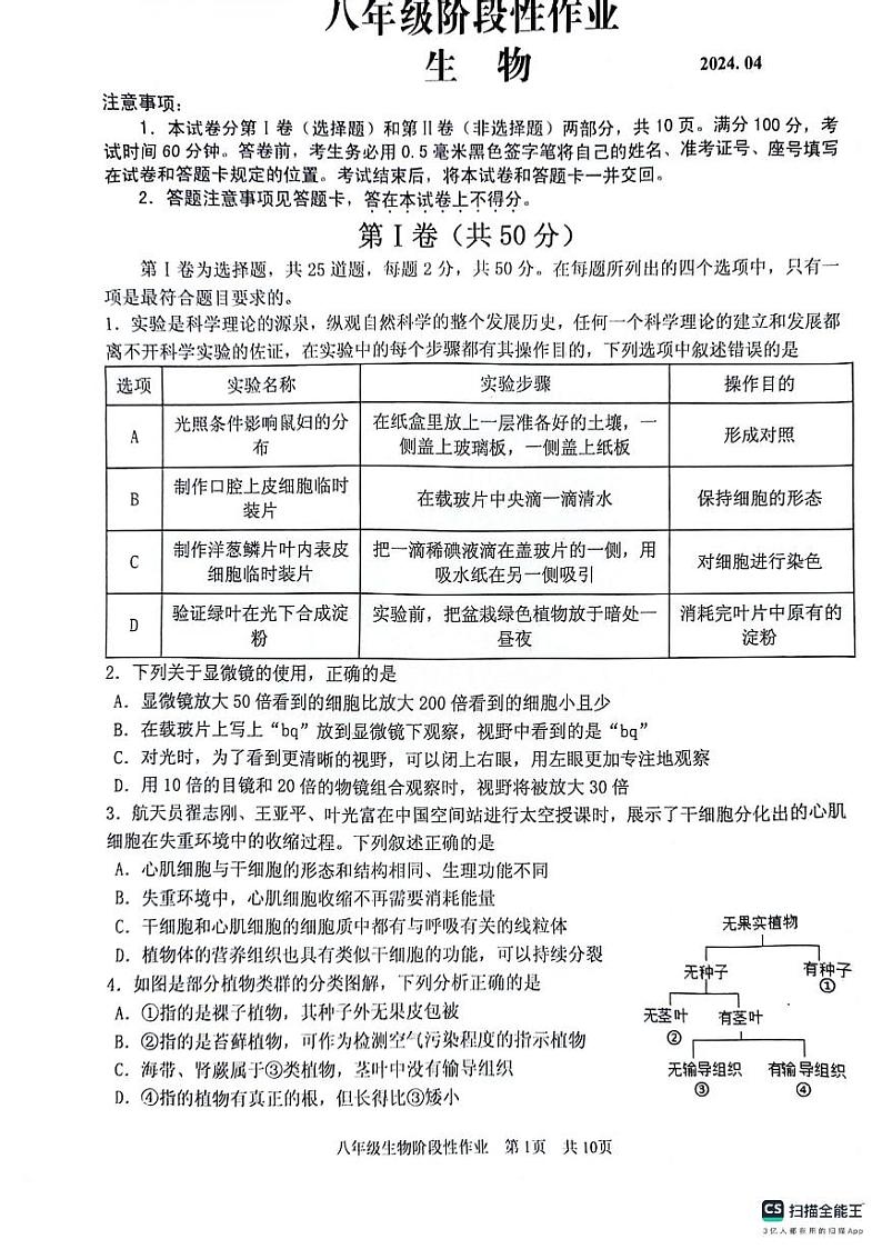 272，山东省临沂市沂水县2023-2024学年八年级下学期期中考试生物试题01