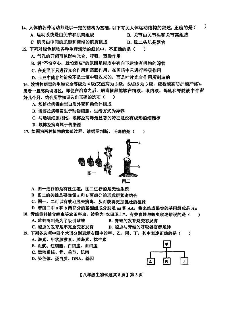113，2024年山东省德州市德城区中考一模生物试题03