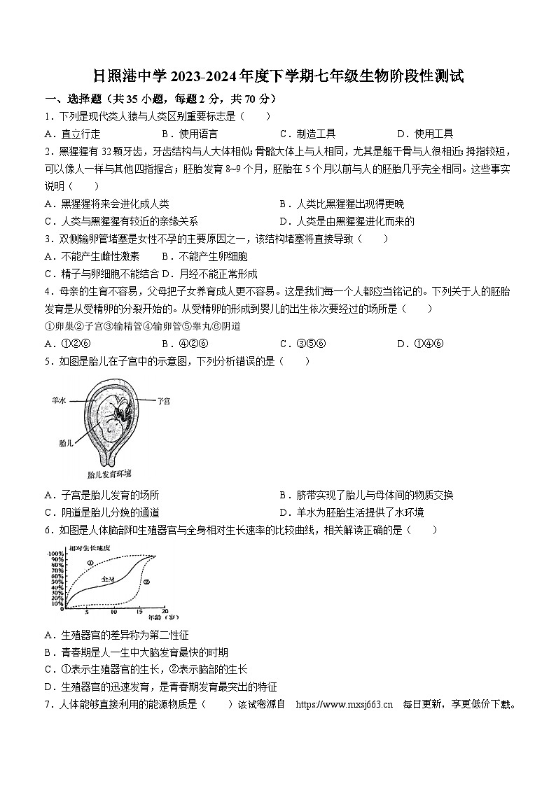 72，山东省日照市日照港中学2023-2024年七年级下学期月考生物试卷(无答案)第1页