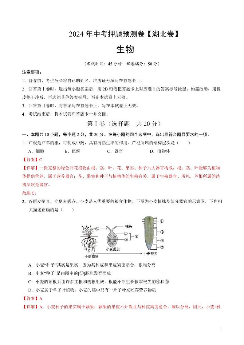 2024年中考押题预测卷（湖北卷）生物（解析版）第1页