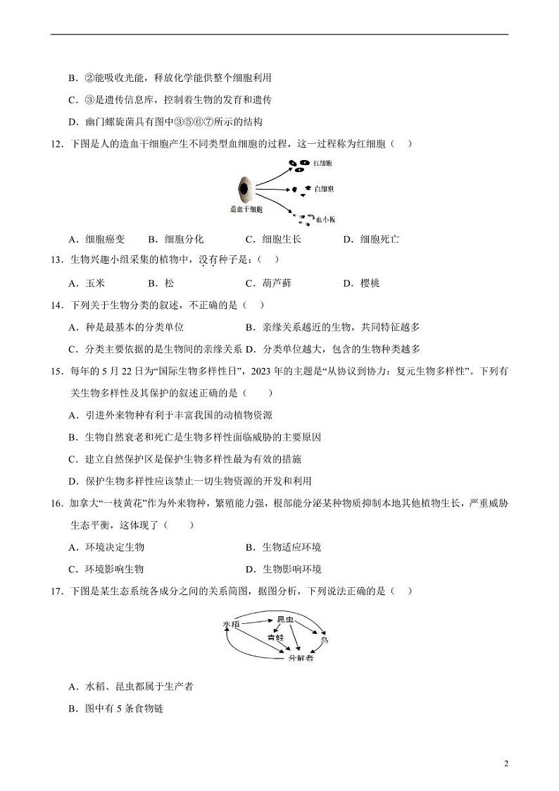 2024年中考考前最后一套押题卷：生物（南京卷）（考试版）02