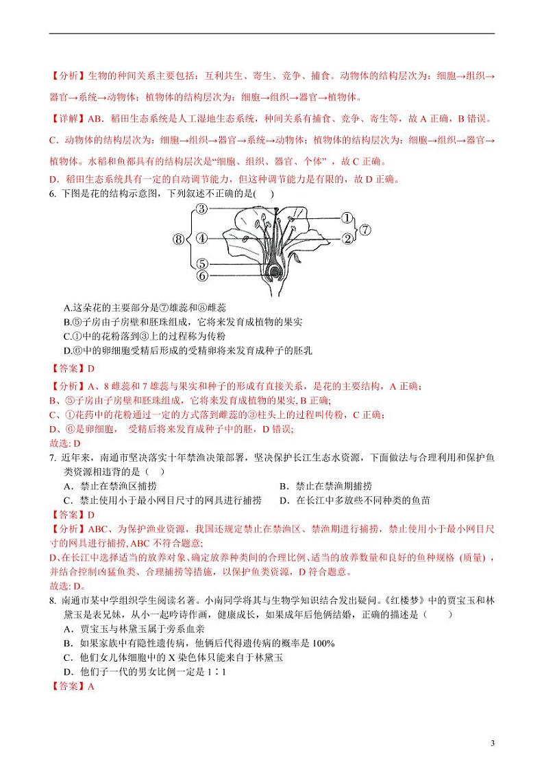 2024年中考考前最后一套押题卷：生物（南通卷）（解析版）03