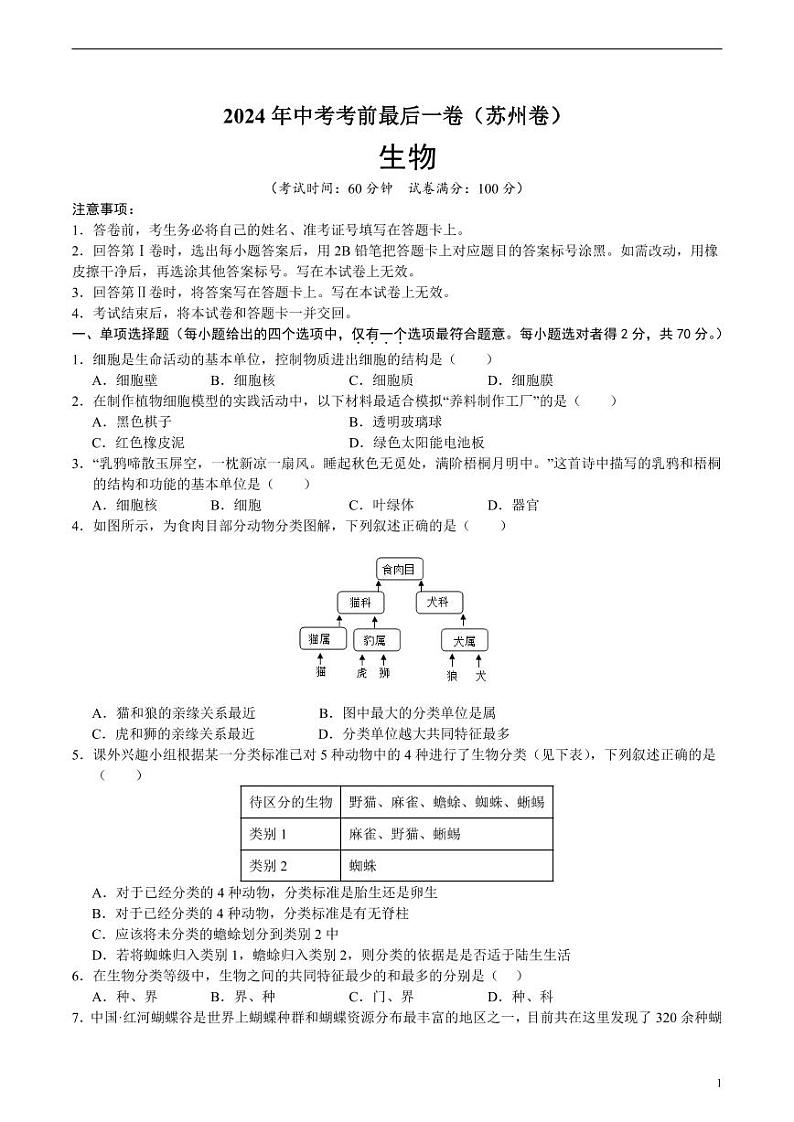 2024年中考考前最后一套押题卷：生物（苏州卷）（考试版）第1页