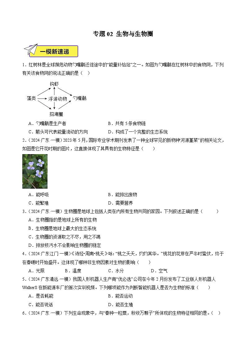 2024年广东省中考生物一模试题分类汇编-专题02 生物与生物圈（原卷版+解析版）01