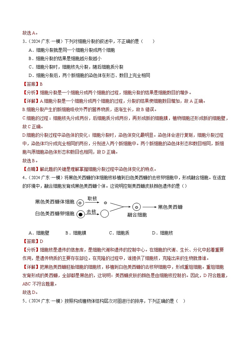 2024年广东省中考生物一模试题分类汇编-专题03 生物体的结构层次（解析版）第2页