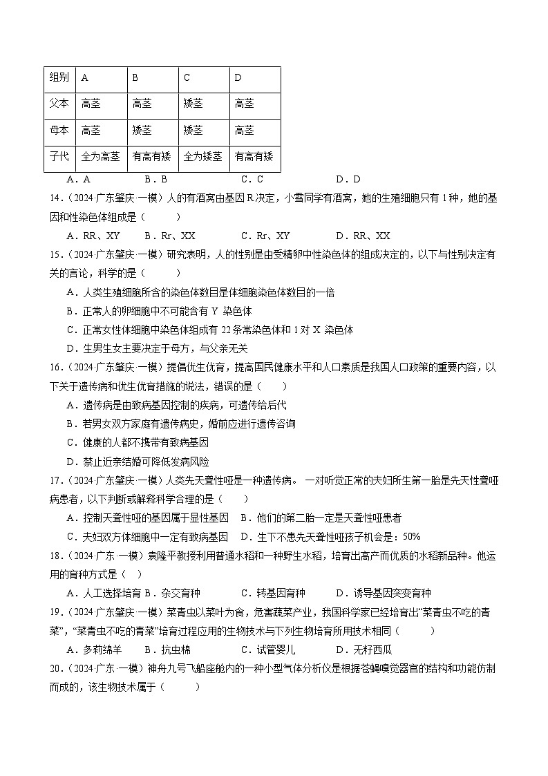 2024年广东省中考生物一模试题分类汇编-专题08 生物的遗传与变异（原卷版）第3页