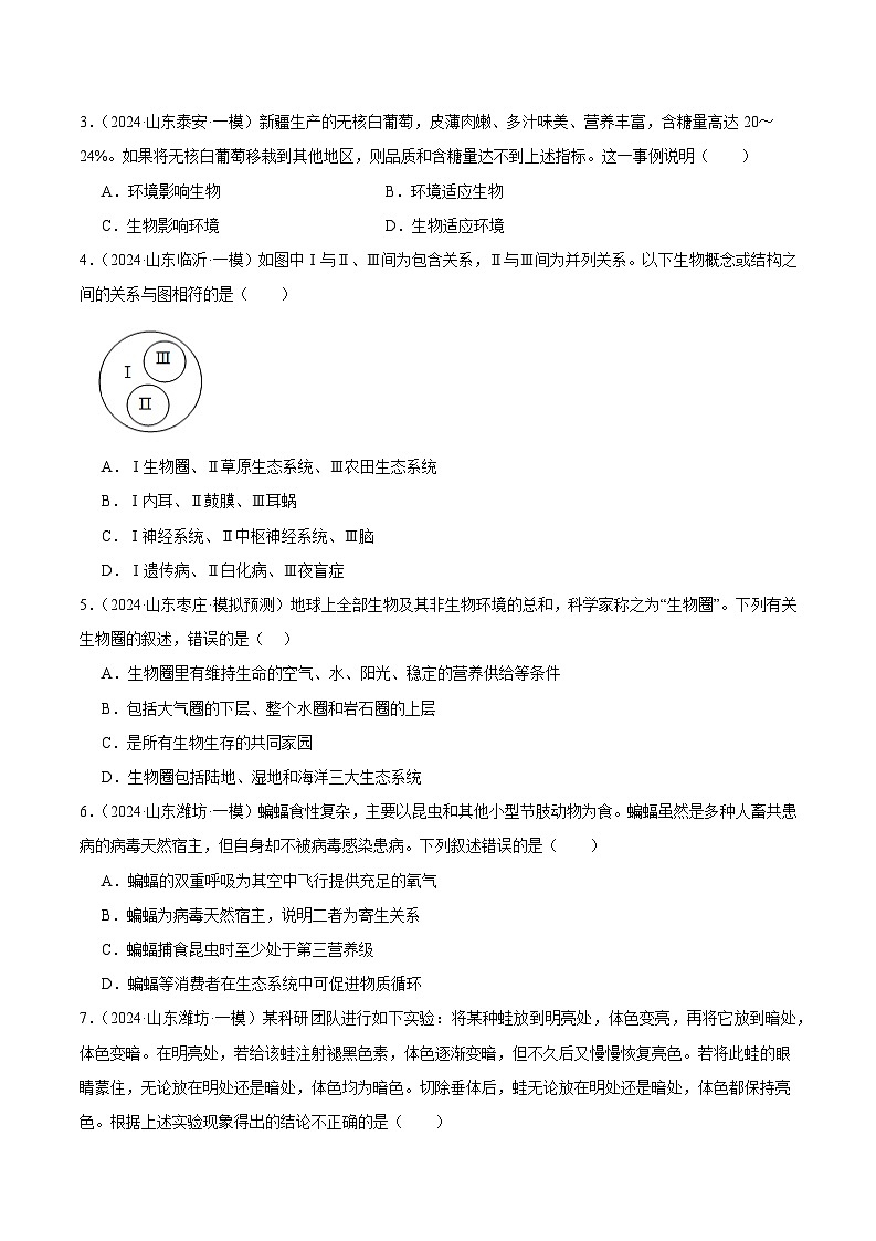 2024年山东省中考生物一模试题分类汇编-专题01 生物和生物圈（原卷版+解析版）02