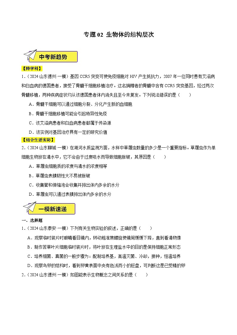 2024年山东省中考生物一模试题分类汇编-专题02 生物体的结构层次（原卷版）第1页