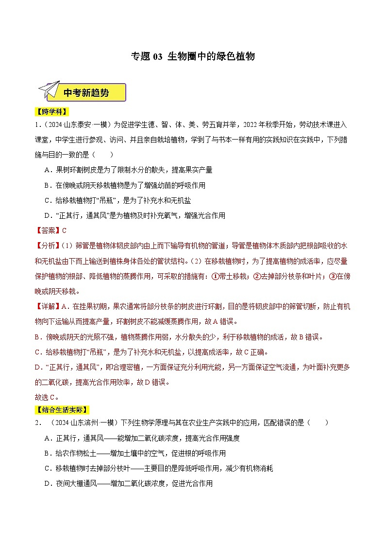 2024年山东省中考生物一模试题分类汇编-专题03 生物圈中的绿色植物（解析版）第1页
