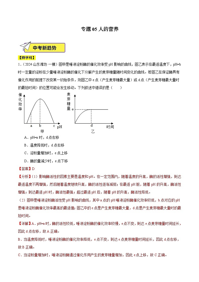 2024年山东省中考生物一模试题分类汇编-专题05 人的营养（原卷版+解析版）01