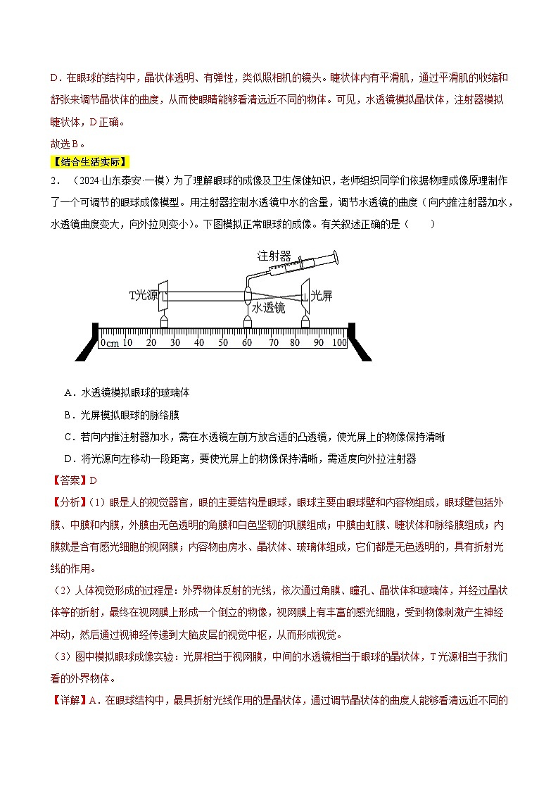 2024年山东省中考生物一模试题分类汇编-专题08 人体生命活动的调节（原卷版+解析版）02