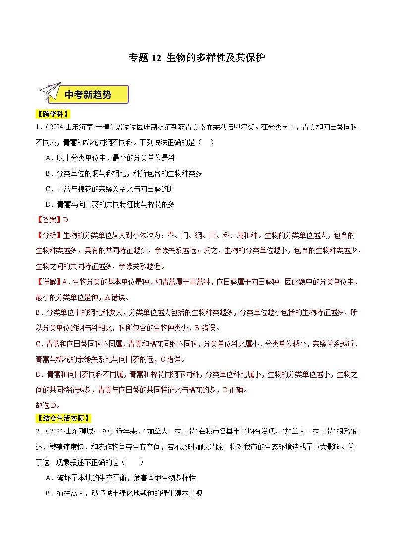 2024年山东省中考生物一模试题分类汇编-专题12 生物的多样性及其保护（解析版）第1页