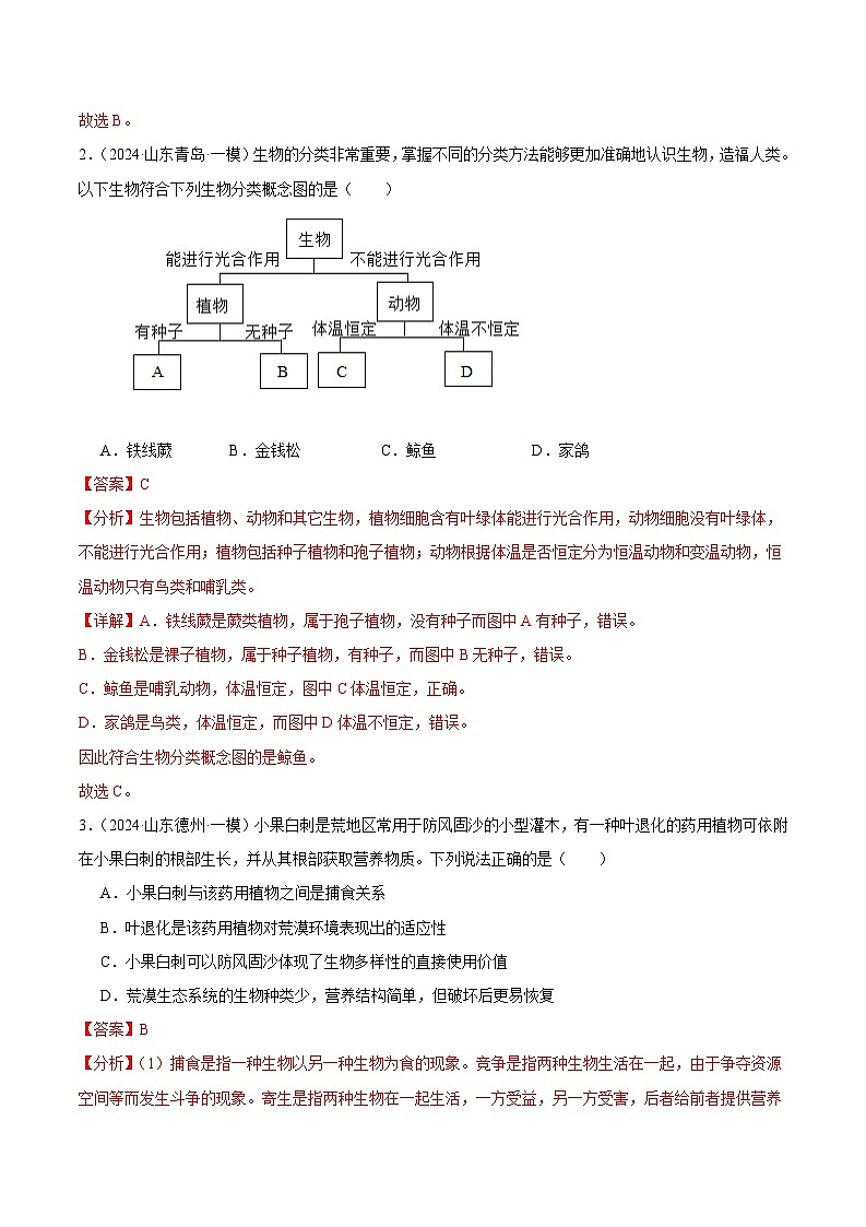 2024年山东省中考生物一模试题分类汇编-专题12 生物的多样性及其保护（解析版）第3页