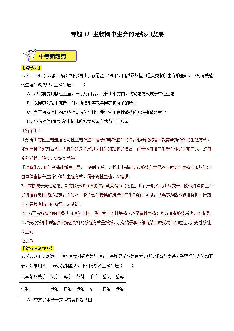 2024年山东省中考生物一模试题分类汇编-专题13 生物圈中生命的延续和发展（解析版）第1页