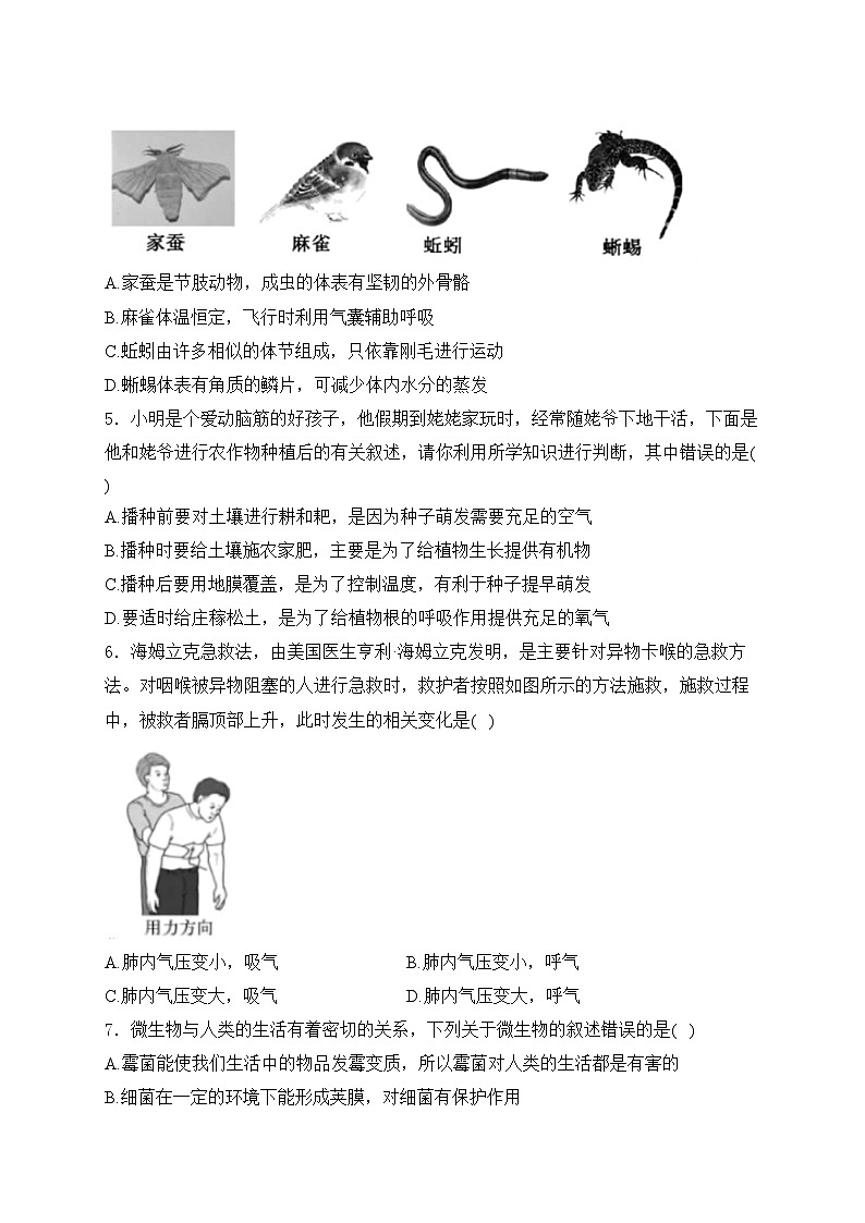 河北省保定地区2023-2024学年八年级下学期期中生物试卷(含答案)第2页