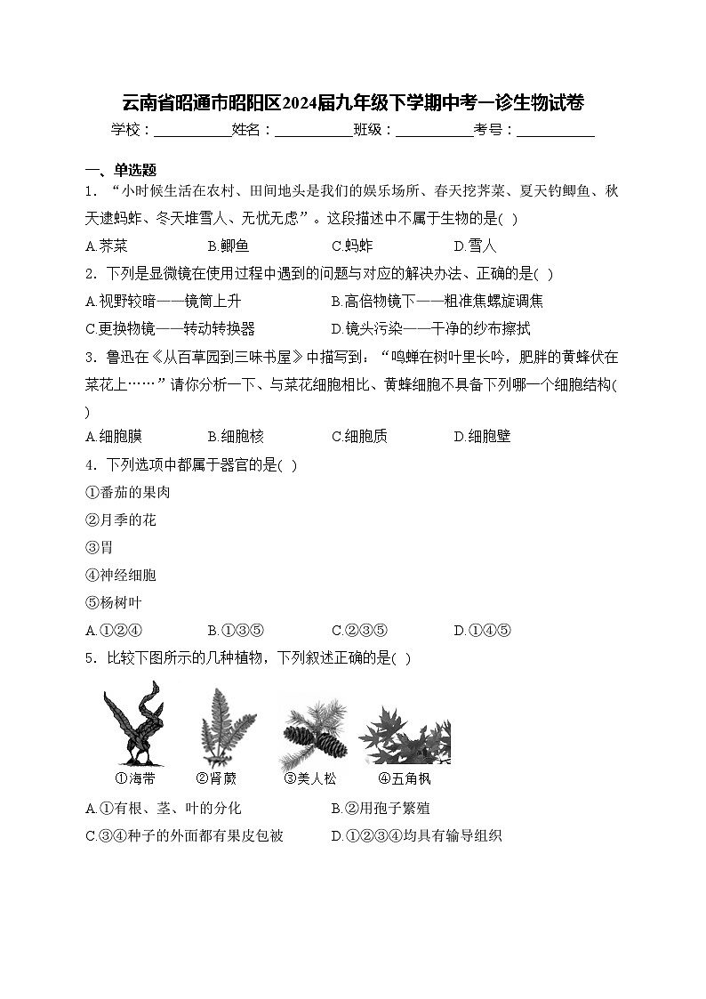 云南省昭通市昭阳区2024届九年级下学期中考一诊生物试卷(含答案)01