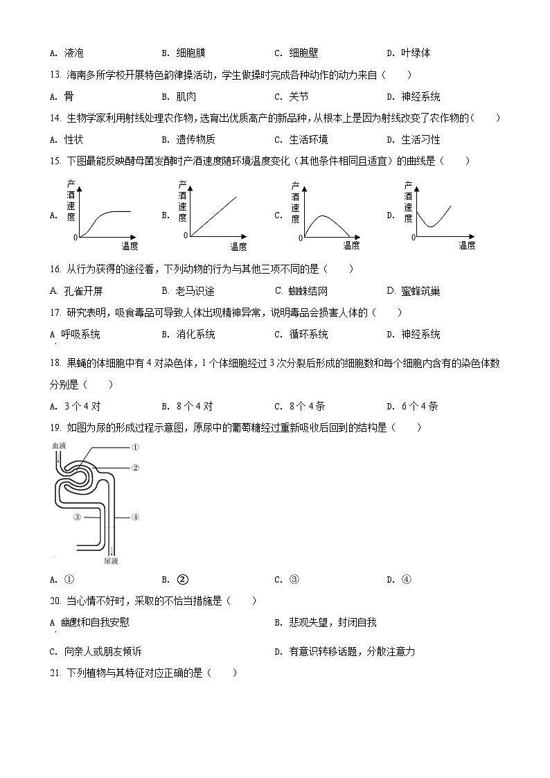 精品解析：海南省2021年中考生物试题（原卷版）第2页
