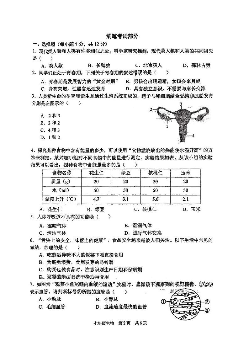 辽宁省大连市普兰店区2023-2024学年七年级下学期5月期中生物试题02