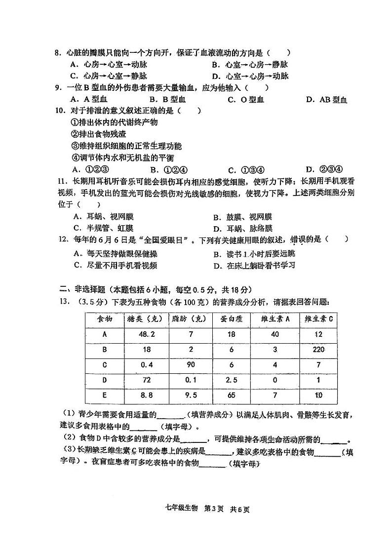 辽宁省大连市普兰店区2023-2024学年七年级下学期5月期中生物试题03