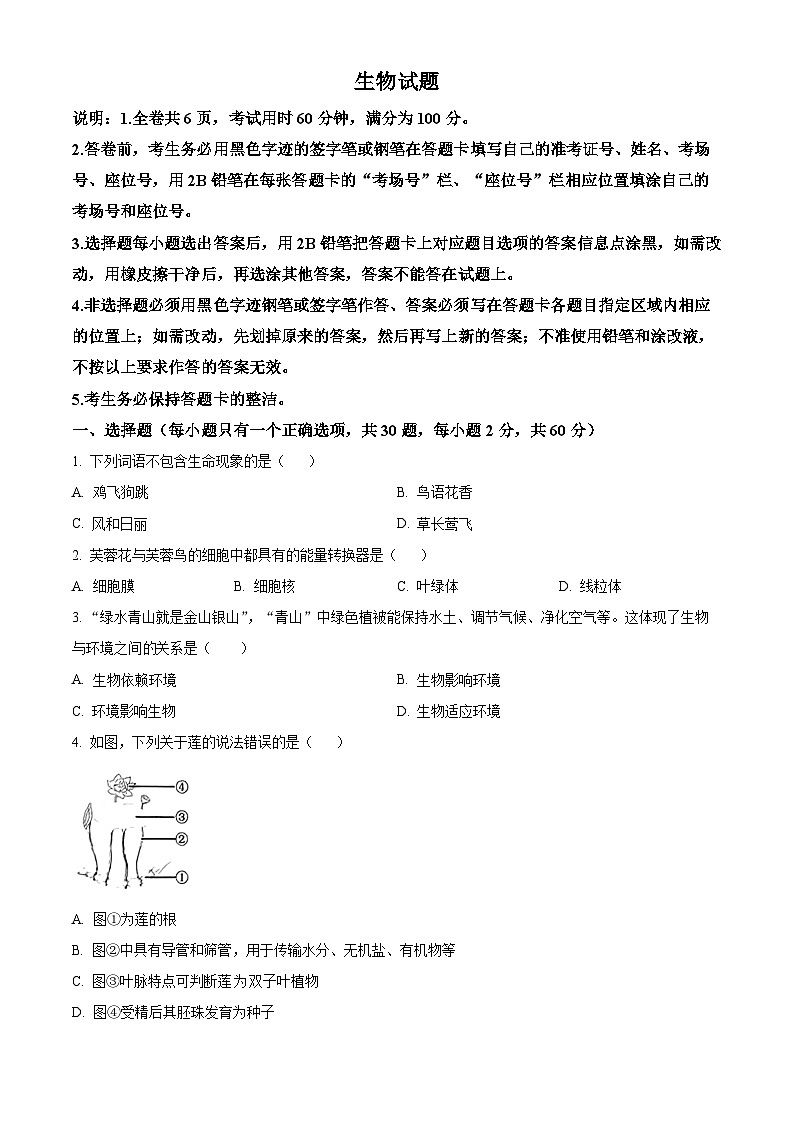 2024年广东省普宁市中考一模生物试题（原卷版+解析版）01