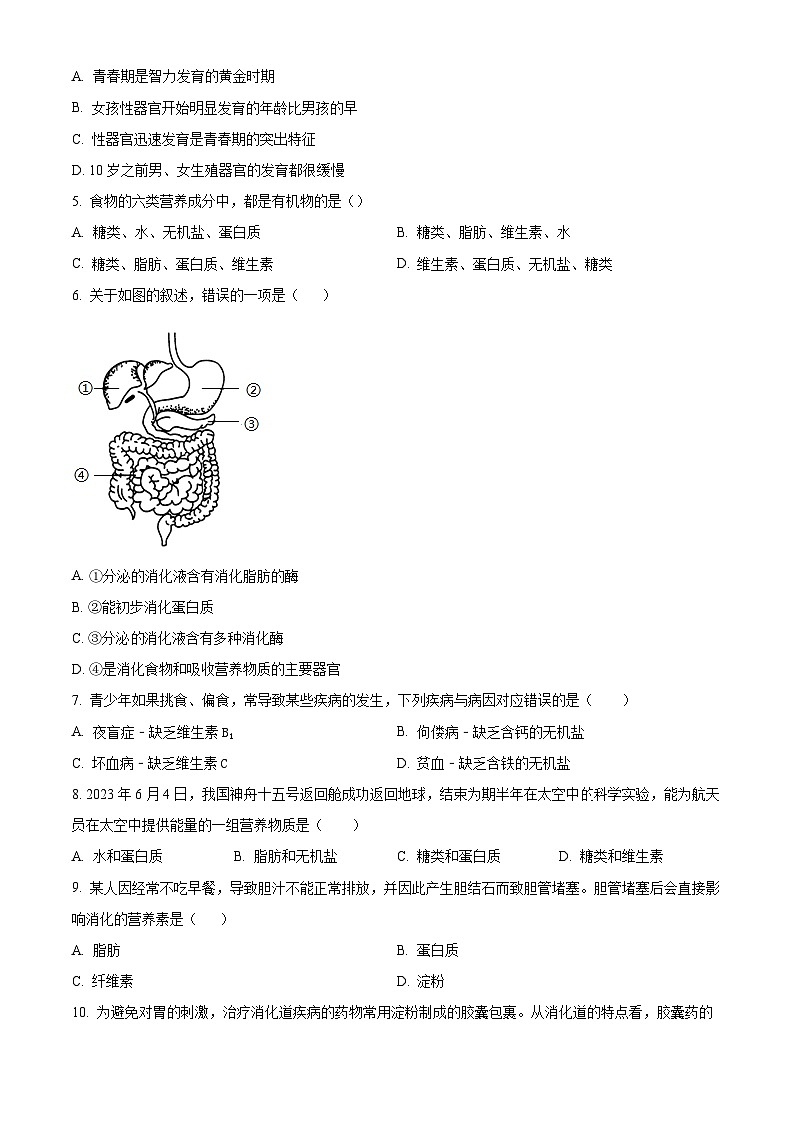 广东省茂名市博雅中学2023-2024学年七年级下学期期中生物试题（原卷版+解析版）02