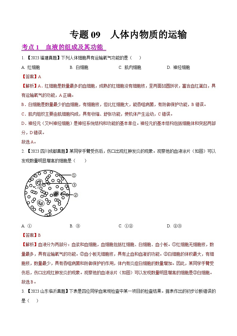 2024年中考生物真题分项汇编（全国通用）-专题09  人体内物质的运输-学易金卷：（第1期）（解析版）第1页