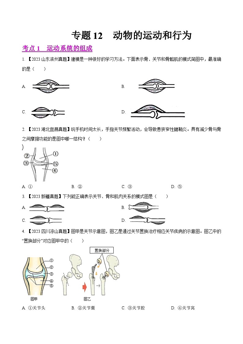 2024年中考生物真题分项汇编（全国通用）-专题12  动物的运动和行为- 学易金卷：（第1期）（原卷版+解析版）01
