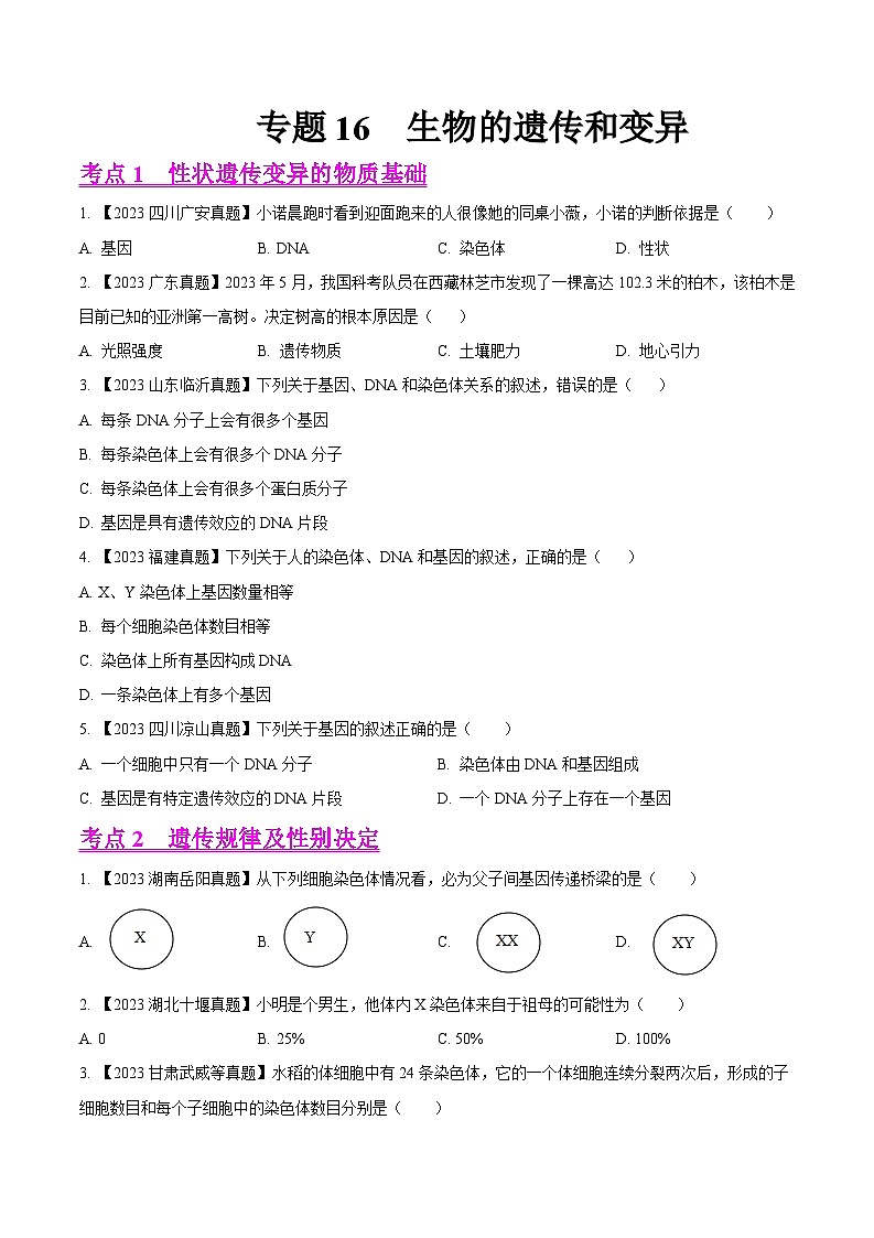 2024年中考生物真题分项汇编（全国通用）-专题16  生物的遗传和变异- 学易金卷： （第1期）（原卷版）第1页